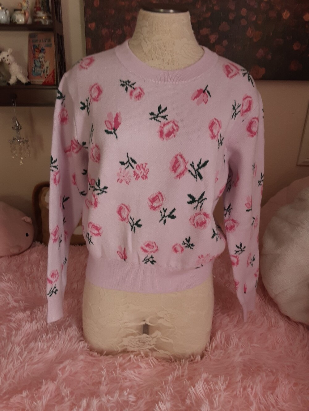 New In Package.  Pink Sweater With Pink Flowers.